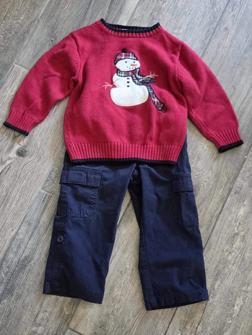 Gymboree EUC 2T Red Snowman Sweater, Navy Reversible Striped Tee and Cargo Pants